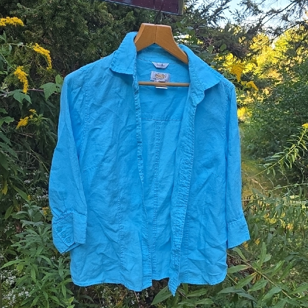 Talbots Irish LINEN Blue Button Down Shirt 3/4 Sleeve Sz 1x Plus Petite